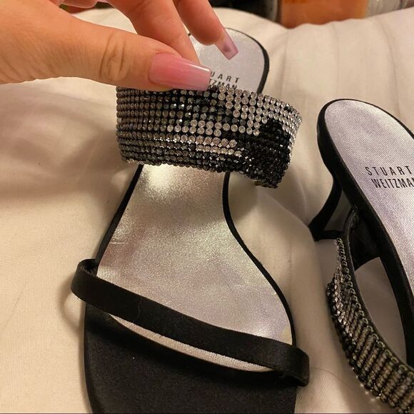 Stuart Weitzman Black Strappy Sparkly Glitter Strap Strappy Kitten Heels - Picture 2 of 7